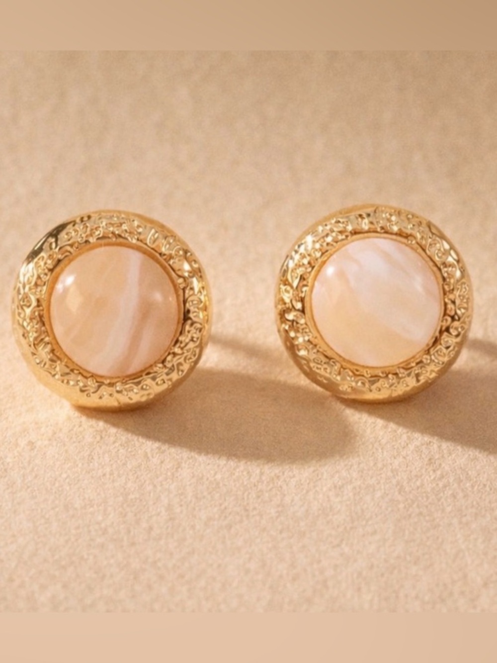 Round Gold and Cream Stud Earrings